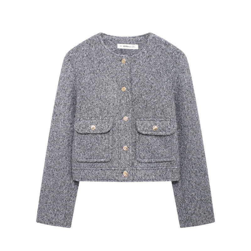 Fashionable Round-neck Pearl Leather Jacket Short-style Outerwear