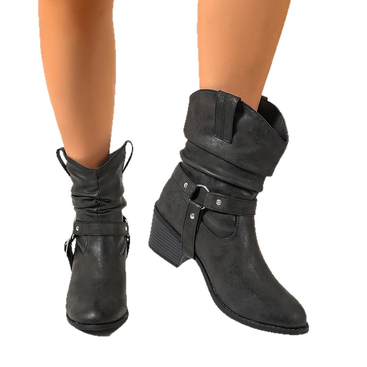 Loose-fitting Studded-strap Mid-calf Boots With Chunky Heels And A Slimming Round Toe