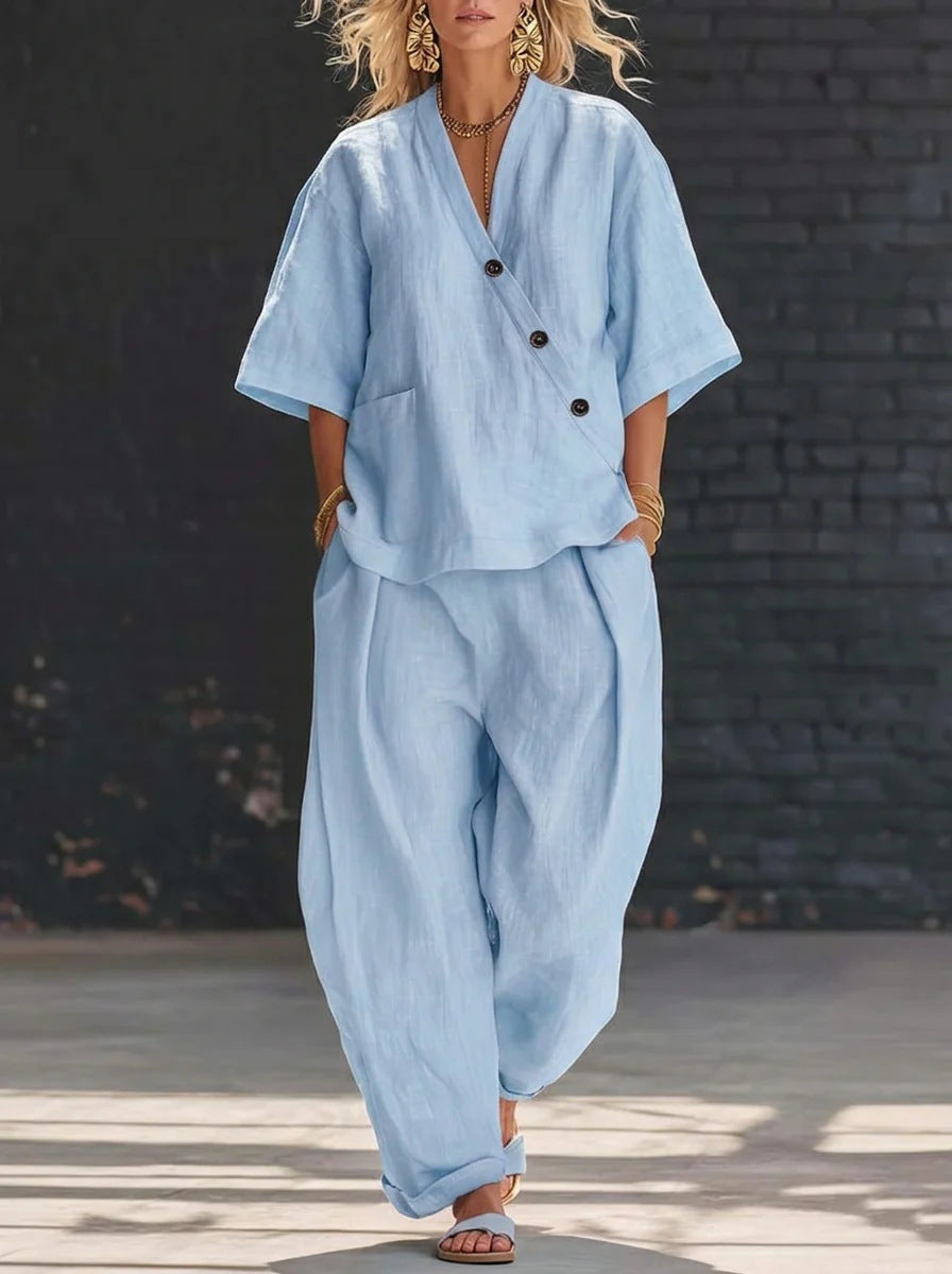 V-Neck Short Sleeve Top & High-Waist Trousers Two-Piece Set