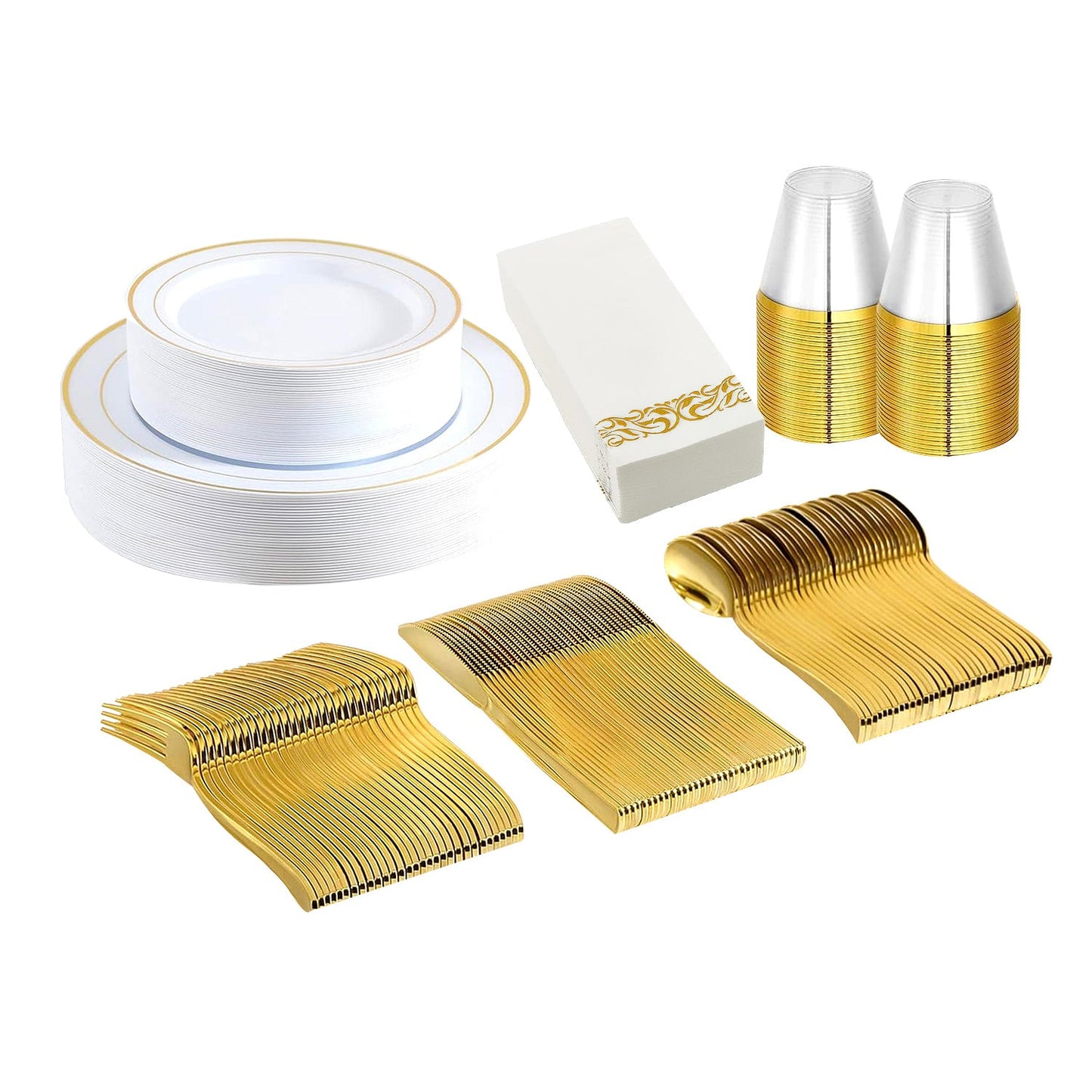 175-teiliges Einweg-Geschirr-Set Gold – Goldrand-Plastikteller, Becher, Gabel, Löffel, Messer, Servietten aus Papier für Party, Hochzeit, Abschlussfeier