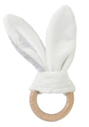 Anneau de dentition bébé lapin en bois de hêtre gris avec oreilles souples
