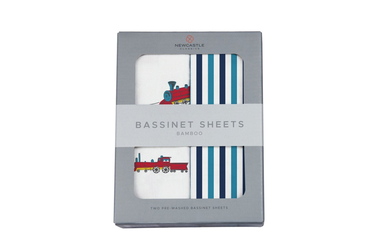 Housse de matelas à langer en bambou avec motif train vintage et rayures réversibles