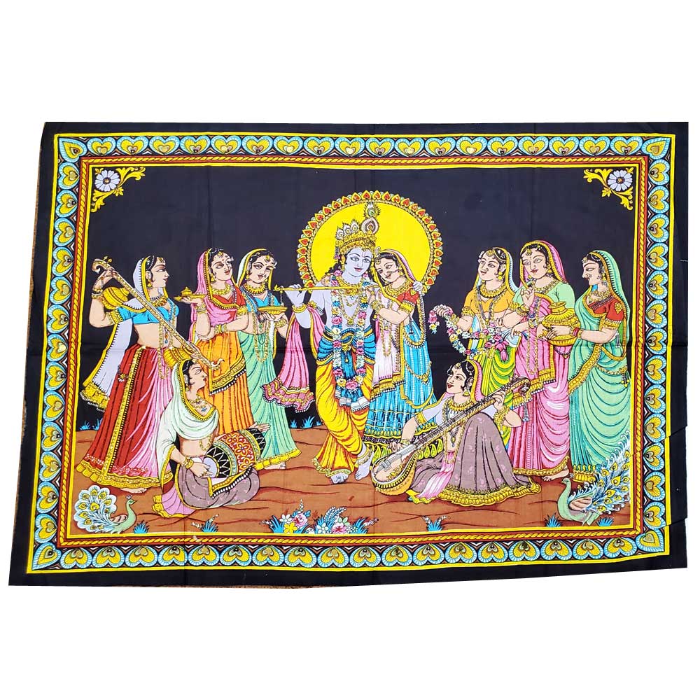 Krishna Wall Art Black Handpainted Cloth Banner Sequin