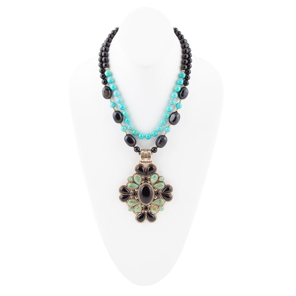 Barcelona Blue Turquoise and Black Onyx Golden Statement Necklace - ThisandThatShoppe
