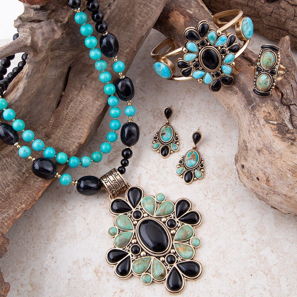 Barcelona Blue Turquoise and Black Onyx Post Drop Golden Earrings - ThisandThatShoppe