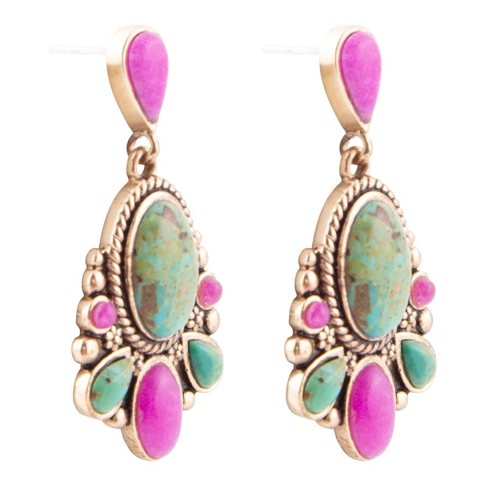 Barcelona Blue Turquoise and Pink Agate Golden Drop Earrings - ThisandThatShoppe