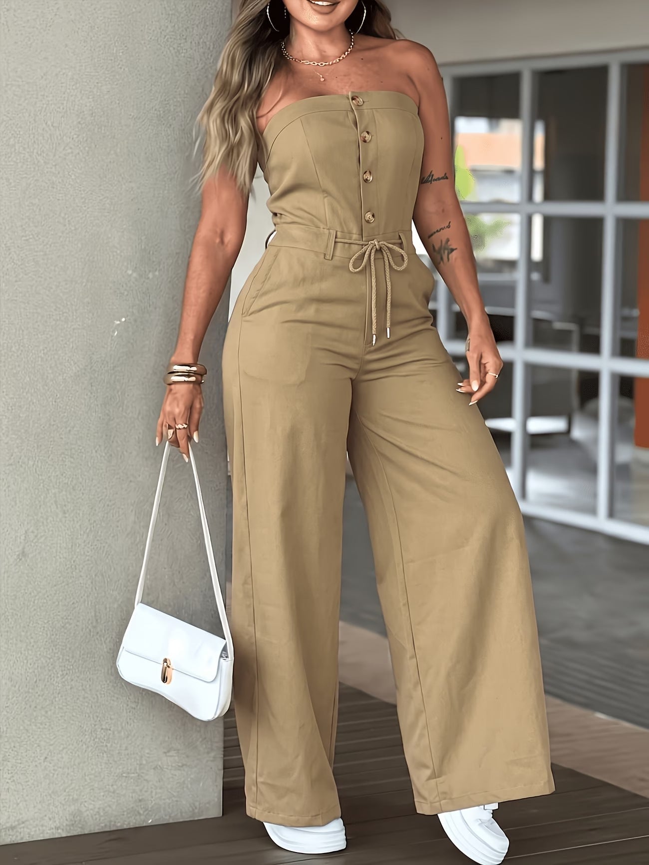 Strapless Button-Front Wide-Leg Jumpsuit
