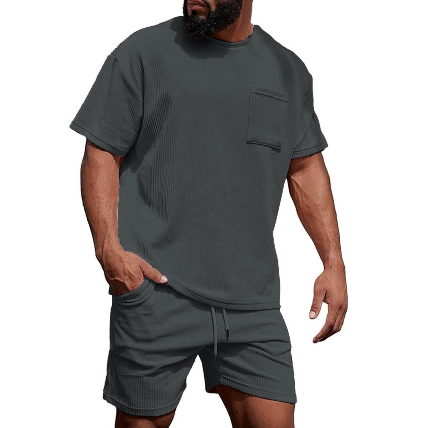 Mens Corduroy Casual Crew-Neck Shorts Set