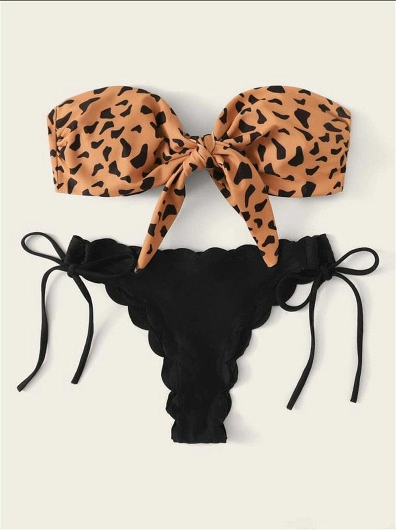 Beach Bikini Woman Lace Up Tie Strapless Leopard Swimsuit Women's Halter Bikini V Cut Bottom Lace Up Two Piece Swimsuits Female Push Up Ruffled Bow Bathing Suit Thong Swimwear
