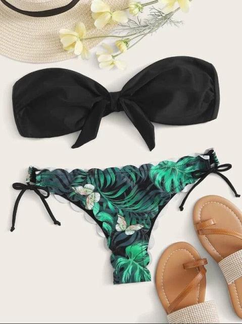 Beach Bikini Woman Lace Up Tie Strapless Leopard Swimsuit Women's Halter Bikini V Cut Bottom Lace Up Two Piece Swimsuits Female Push Up Ruffled Bow Bathing Suit Thong Swimwear