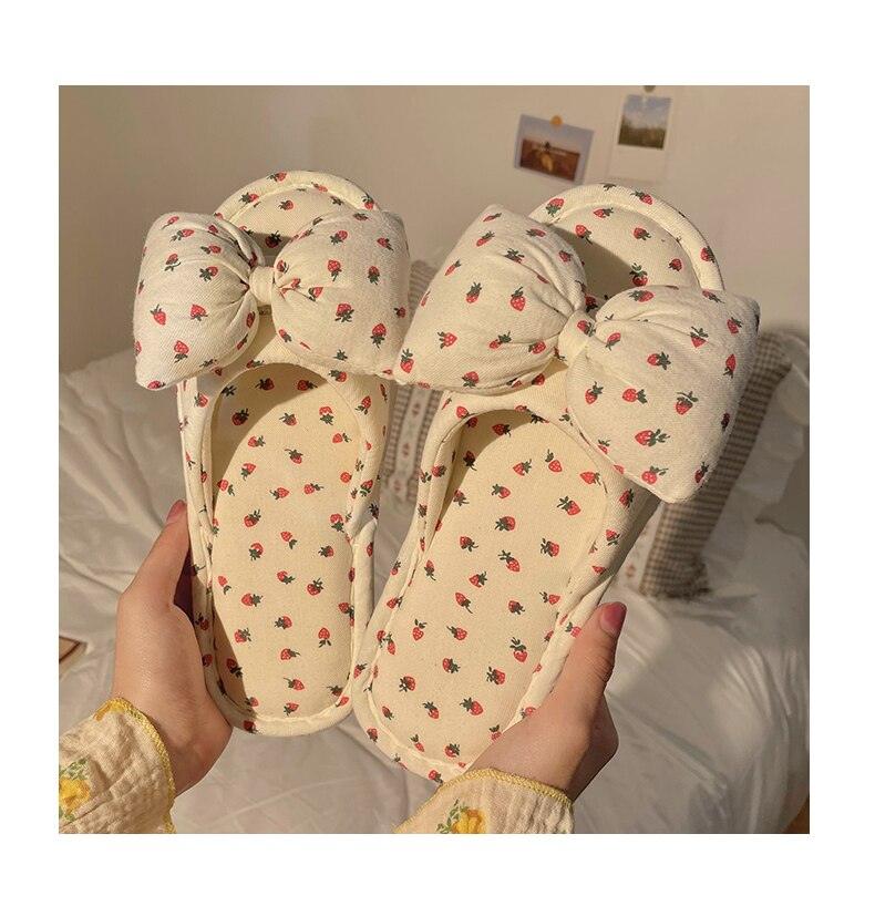 Beautiful Bow Flat Lightweight Soft Spring Autumn Women Cotton Shoes Indoor Fluffy Warm Home Comfortable High Quality Slippers Memory Foam Open Toe Slide Slippers Ribbon Strap Slip-On House Shoes