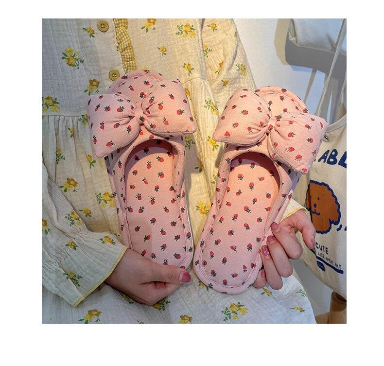 Beautiful Bow Flat Lightweight Soft Spring Autumn Women Cotton Shoes Indoor Fluffy Warm Home Comfortable High Quality Slippers Memory Foam Open Toe Slide Slippers Ribbon Strap Slip-On House Shoes