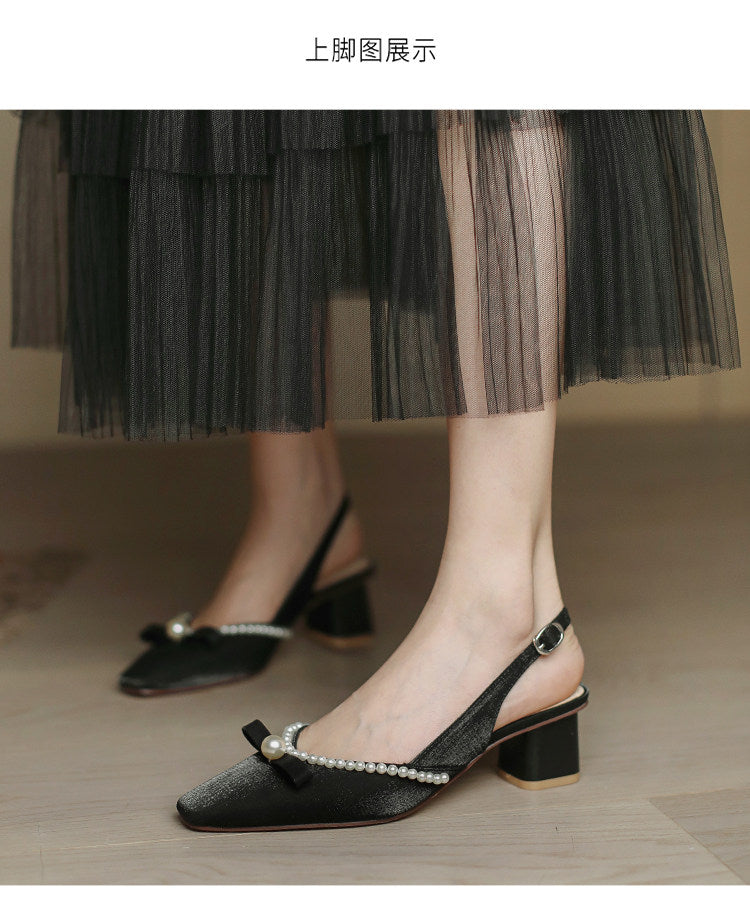 Women Block Heel Closed Toe Sandals, 2026 Summer New Fashion Square Toe Back Strap Pearl Fairy Style High Heel Pumps
