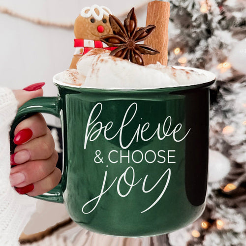 Believe And Joy Ceramic Campfire Mug 14.5oz Red Green Double-Sided White Text