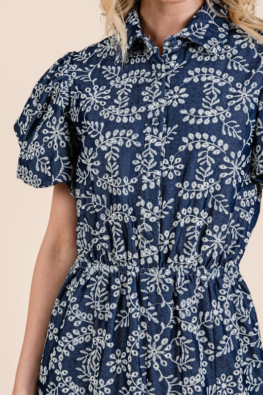 Natural Leaf Pattern Eyelet Lace Puff Sleeve Dress For Women – Elegant and Feminine Eyelet Lace Dress with Puff Sleeves