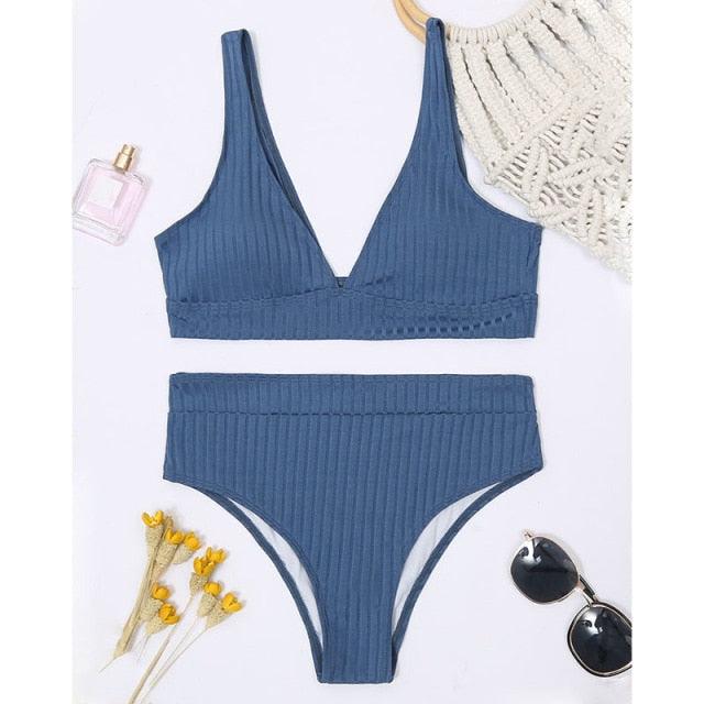 Bikini High Waist Swimwear Women's Swimsuits Push Up Ribbed Bathing Suits Black V-Neck Bikinis Set High Waist Tummy Control Bathing Suits For Women Deep V Neck Black Comfortable Beachwear
