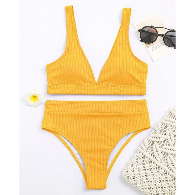 Bikini High Waist Swimwear Women's Swimsuits Push Up Ribbed Bathing Suits Black V-Neck Bikinis Set High Waist Tummy Control Bathing Suits For Women Deep V Neck Black Comfortable Beachwear