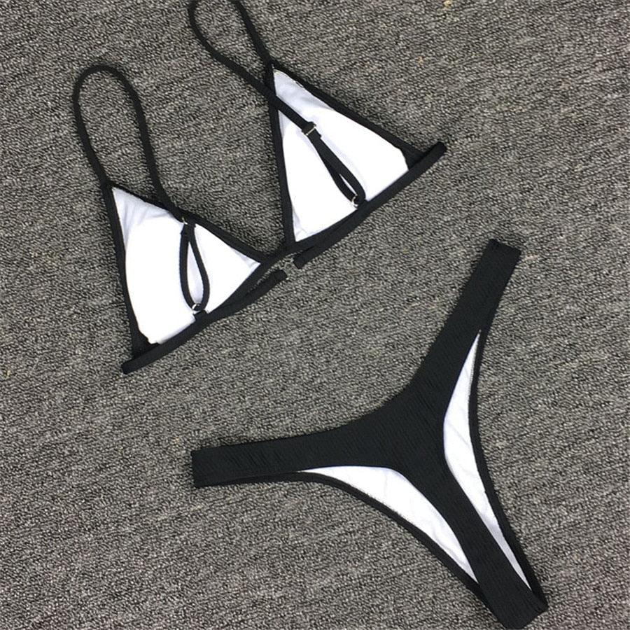 Bikini Set Swimsuit Small Cup High Cut Style Beach Solid Black White Micro Swimwear Thong Bikinis Women's Micro String Bikini Swimsuits Padded High Cut Bathing Suits