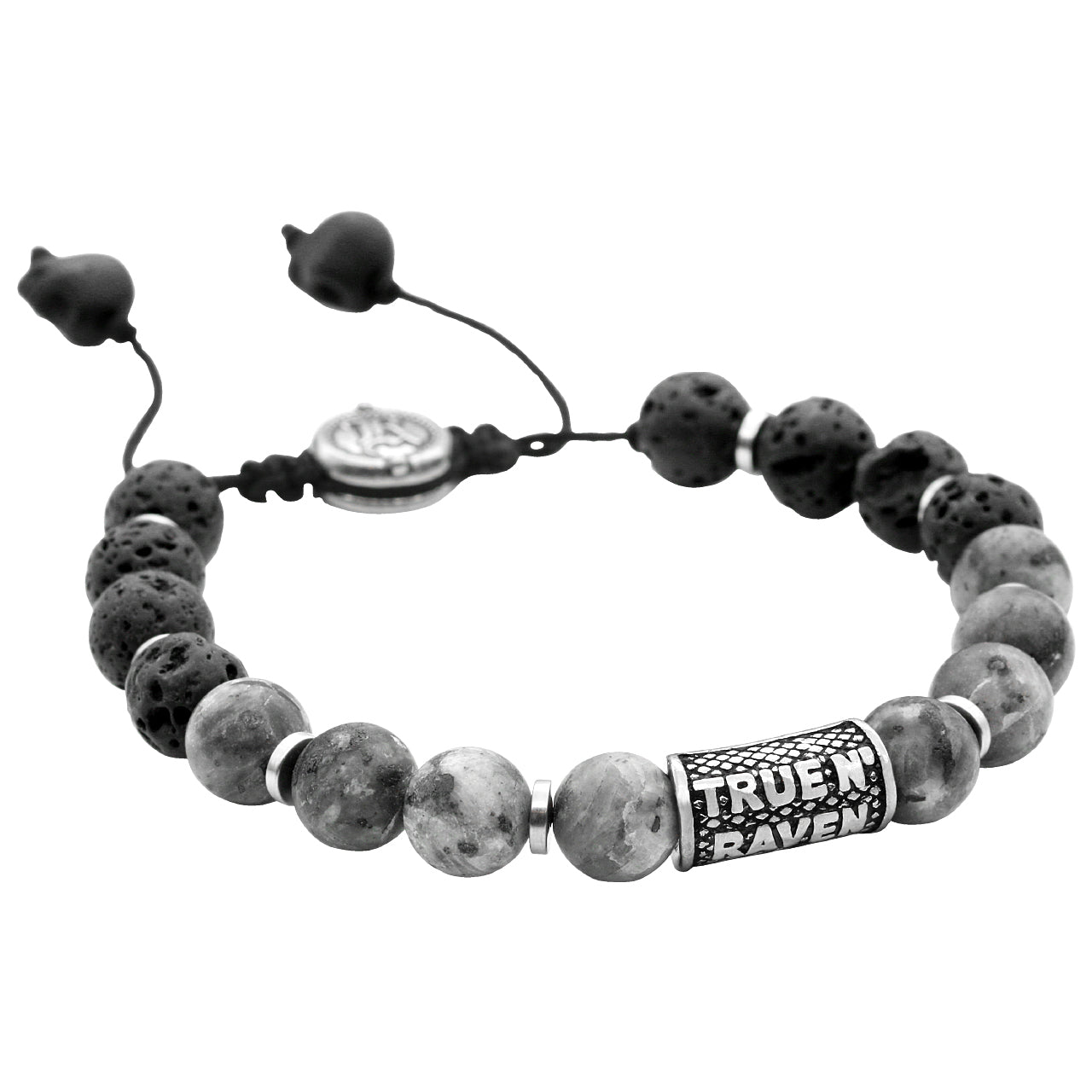 Bracelet en perles noires et grises avec cordon coulissant ajustable