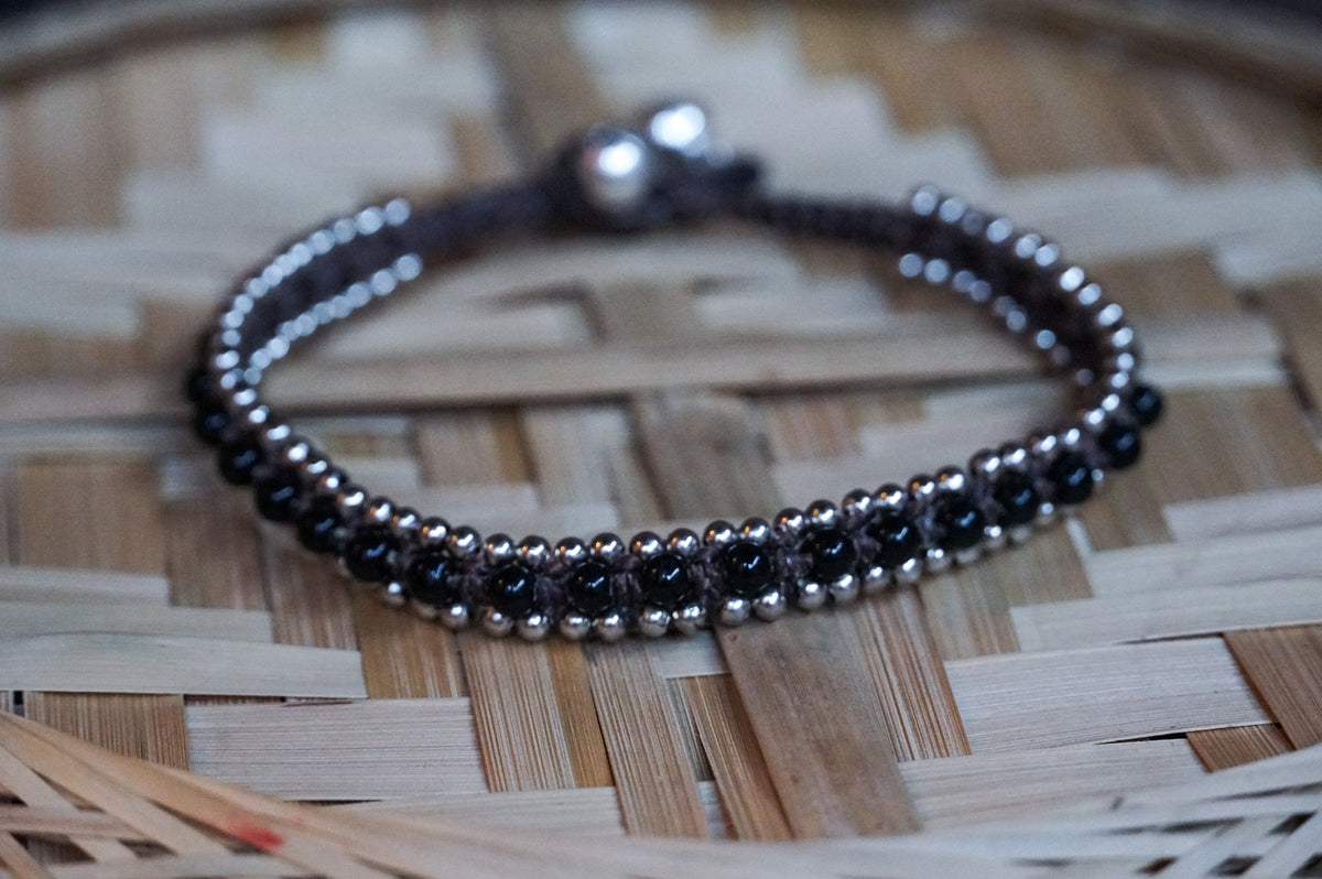 Black Boho Anklet Silver Beaded Adjustable Beach Jewelry