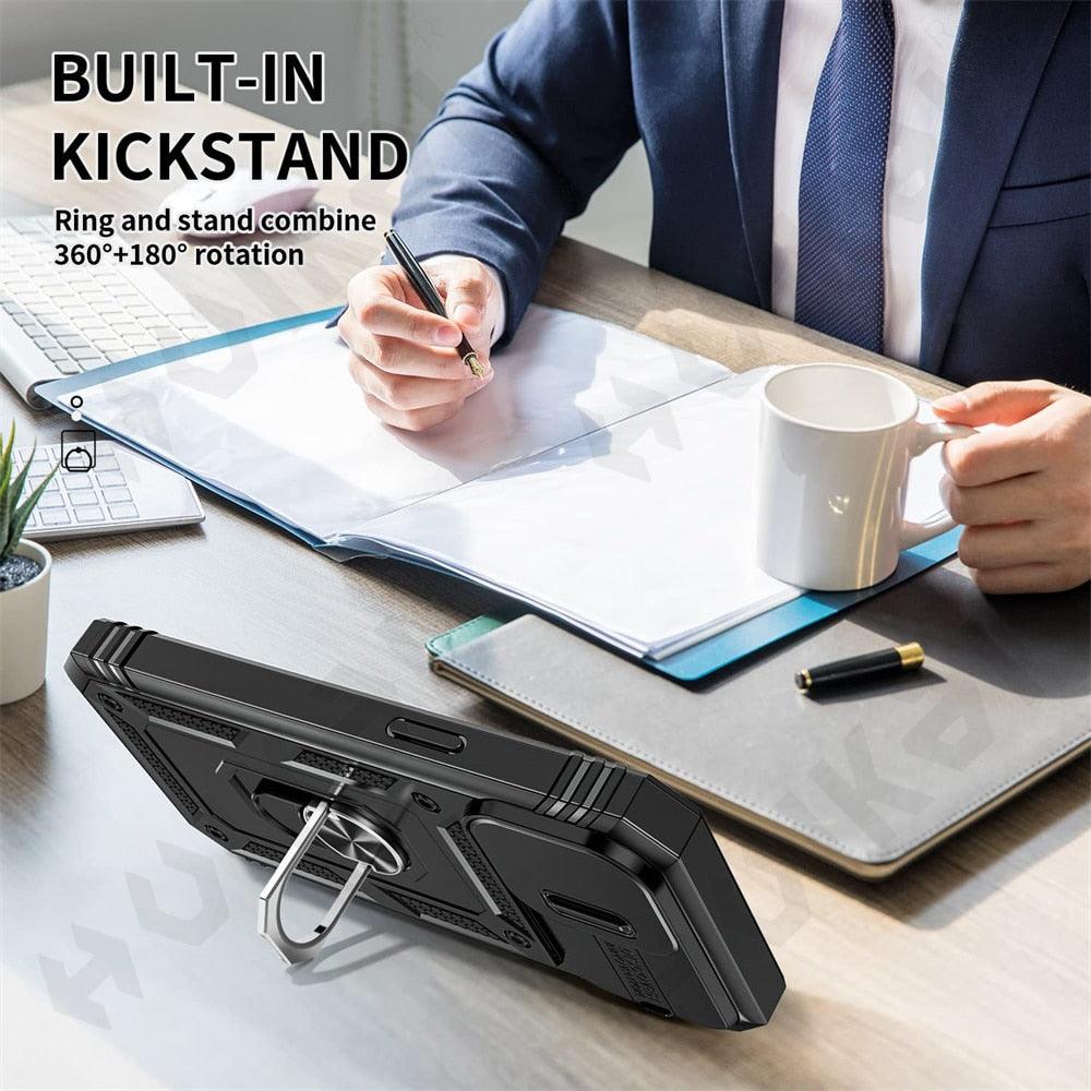 Black Durable Ring Kickstand Case Design Case For iPhone 11 Pro XS Max 8 7 Plus 360 Full Body Protective Slide Camera Stand Protection Ring Cover Protective Case For iPhone