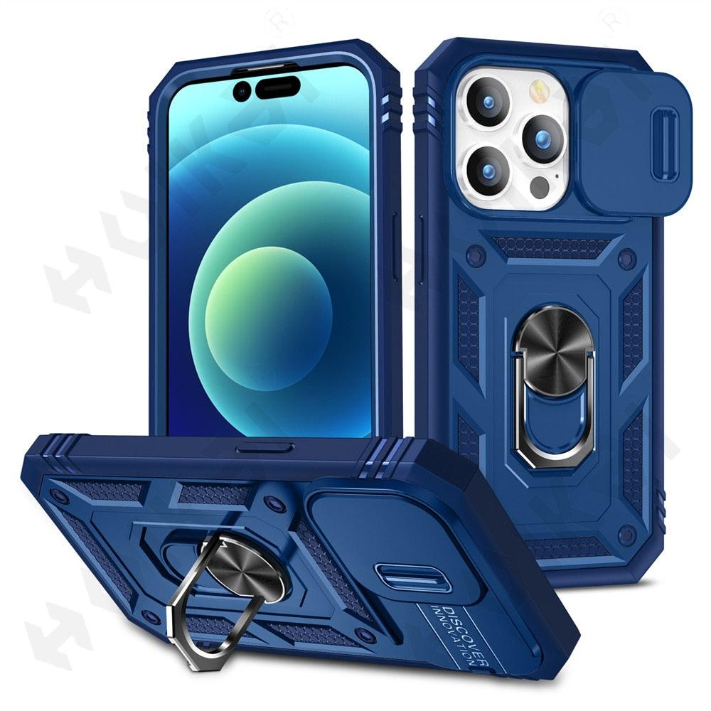 Black Durable Ring Kickstand Case Design Case For iPhone 11 Pro XS Max 8 7 Plus 360 Full Body Protective Slide Camera Stand Protection Ring Cover Protective Case For iPhone