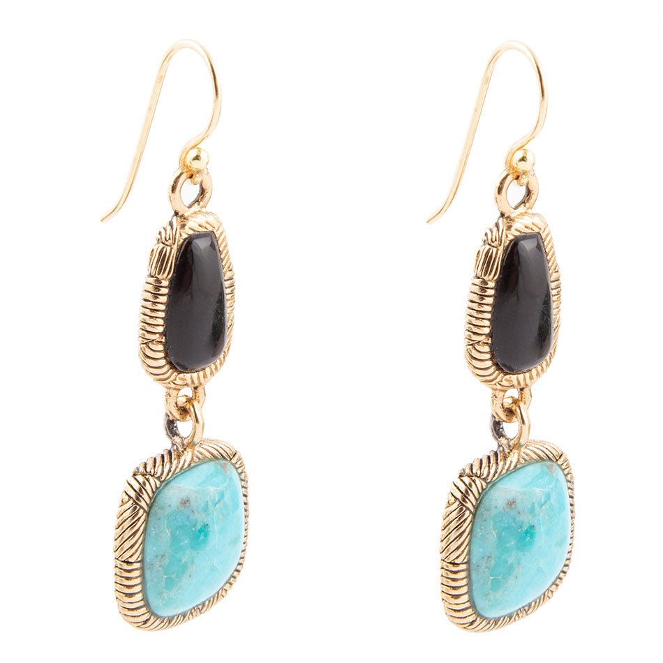 Black Onyx and Blue turquoise Golden Bronze Drop Earrings - ThisandThatShoppe