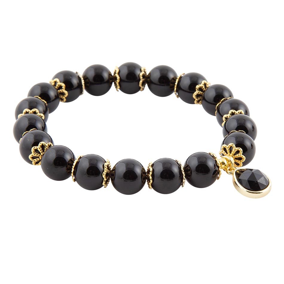 Bracelet extensible perlé en onyx noir et ton or