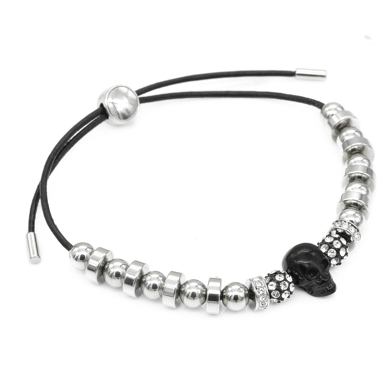 Bracelet unisexe en cuir avec cordon réglable et tête de mort noire