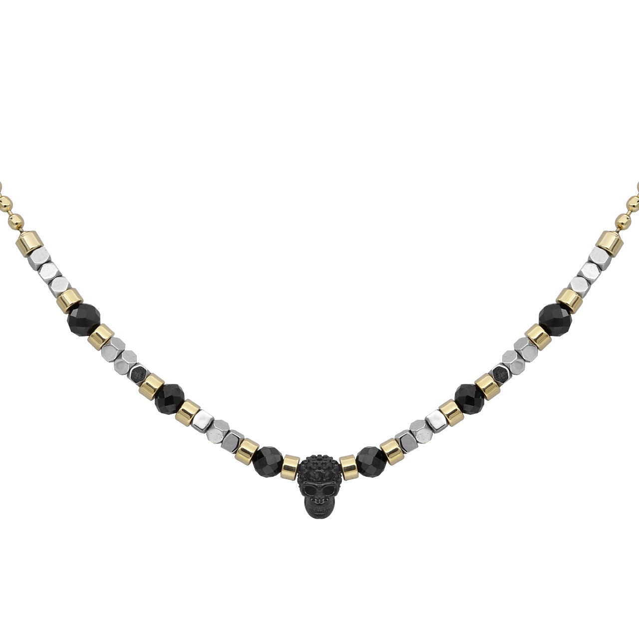 Halskette mit Totenkopfperlen aus schwarzem Spinell und Hämatit, Unisex-Choker