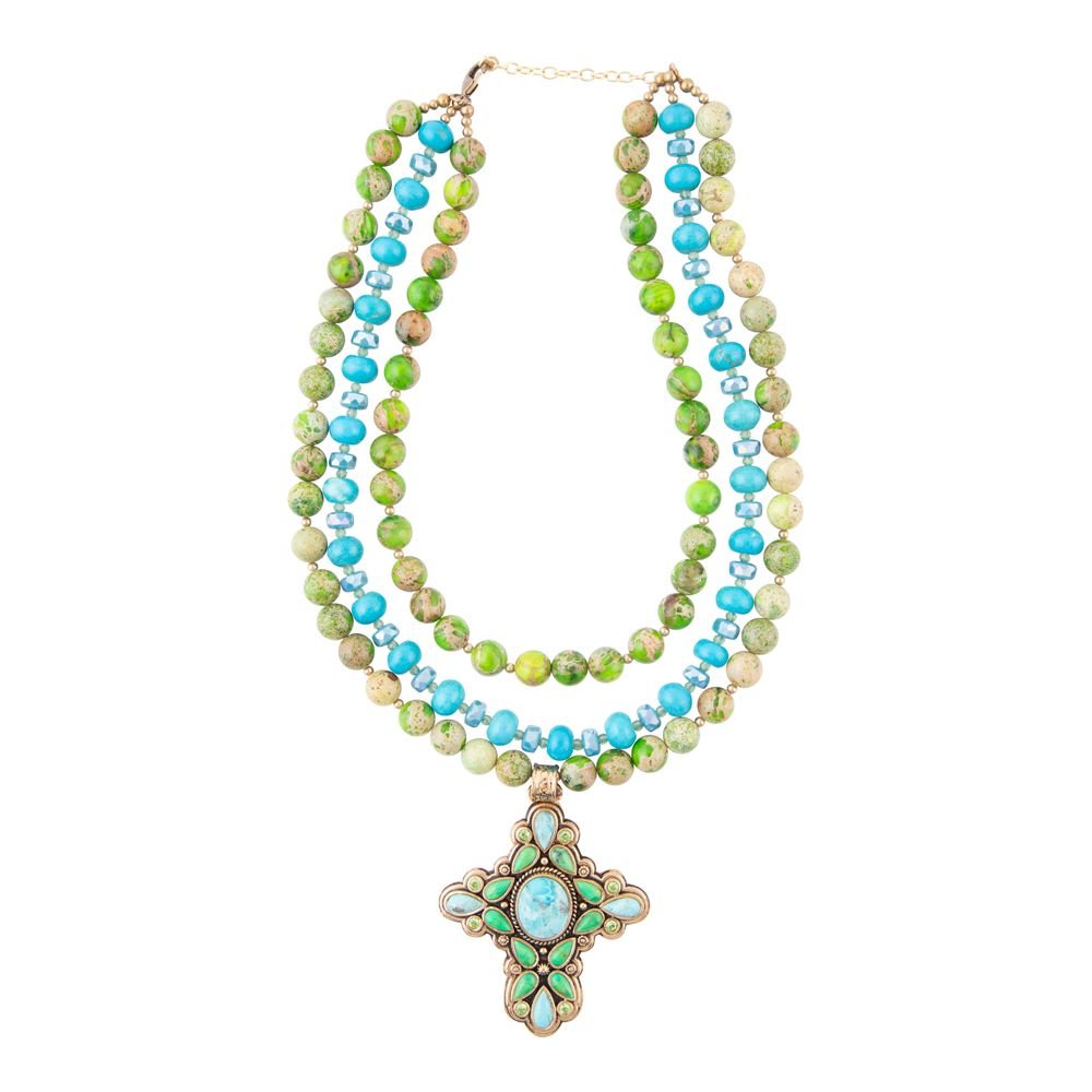 Halskette mit Anhänger Golden Cross in Limettengrün und Türkis von Legacy