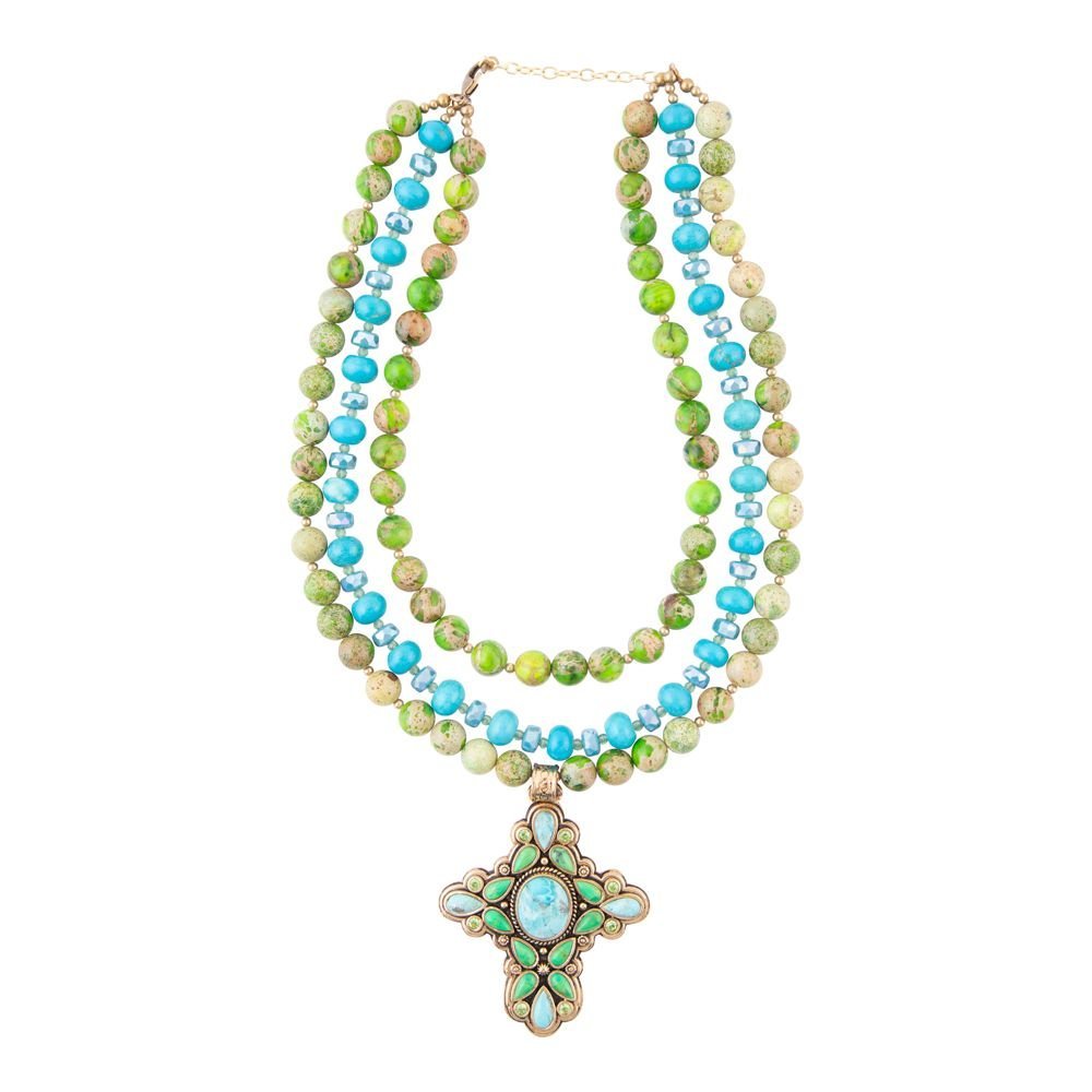 Legacy Lime Green and Blue Turquoise Golden Cross Pendant Statement Necklace - ThisandThatShoppe