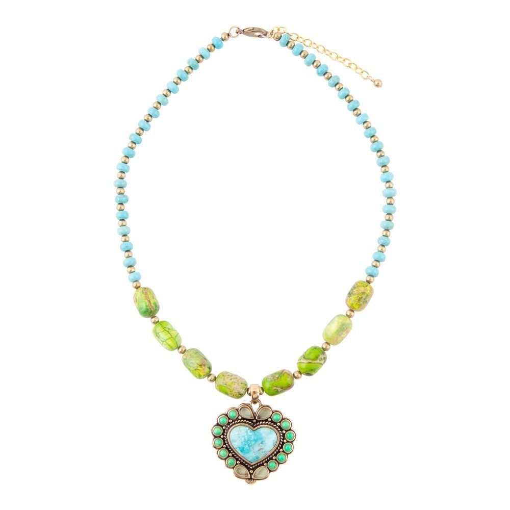Legacy Heart Lime Green and Blue Turquoise Golden Pendant Necklace - ThisandThatShoppe