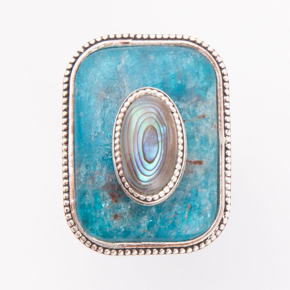 Blue Apatite and Abalone Stacked Sterling Silver Ring - ThisandThatShoppe