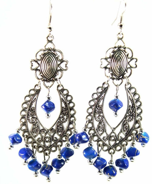 Boucles d'oreilles pendantes fantaisie en métal argenté et volutes bohème bleues