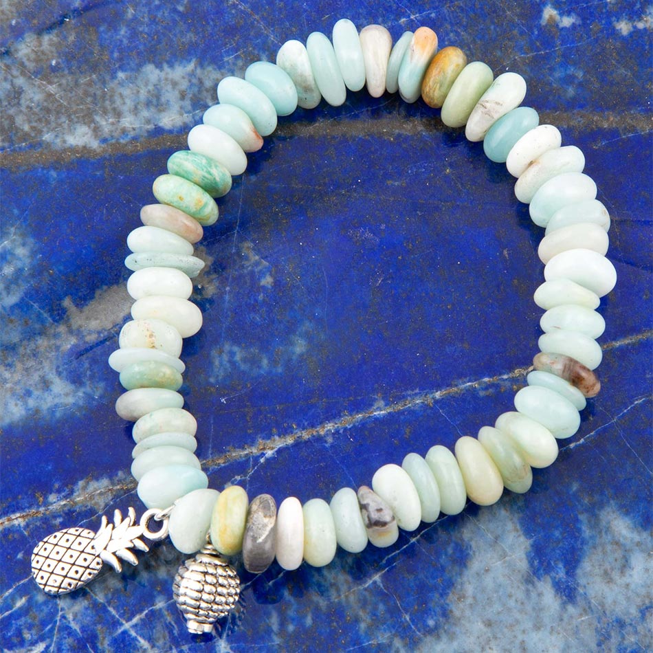 Blue Mint Amazonite and Silver Charm Stretch Bracelet - ThisandThatShoppe