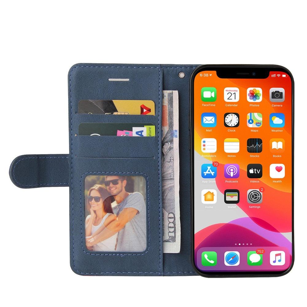 Blue PU Leather Wallet Flip Phone Case Cover For iPhone 13 Pro Max Case Leather Flip Cover iPhone 13 Pro Phone Case For iPhone 12 Mini 14 11 8 7 6 6s Plus 5 5s Case