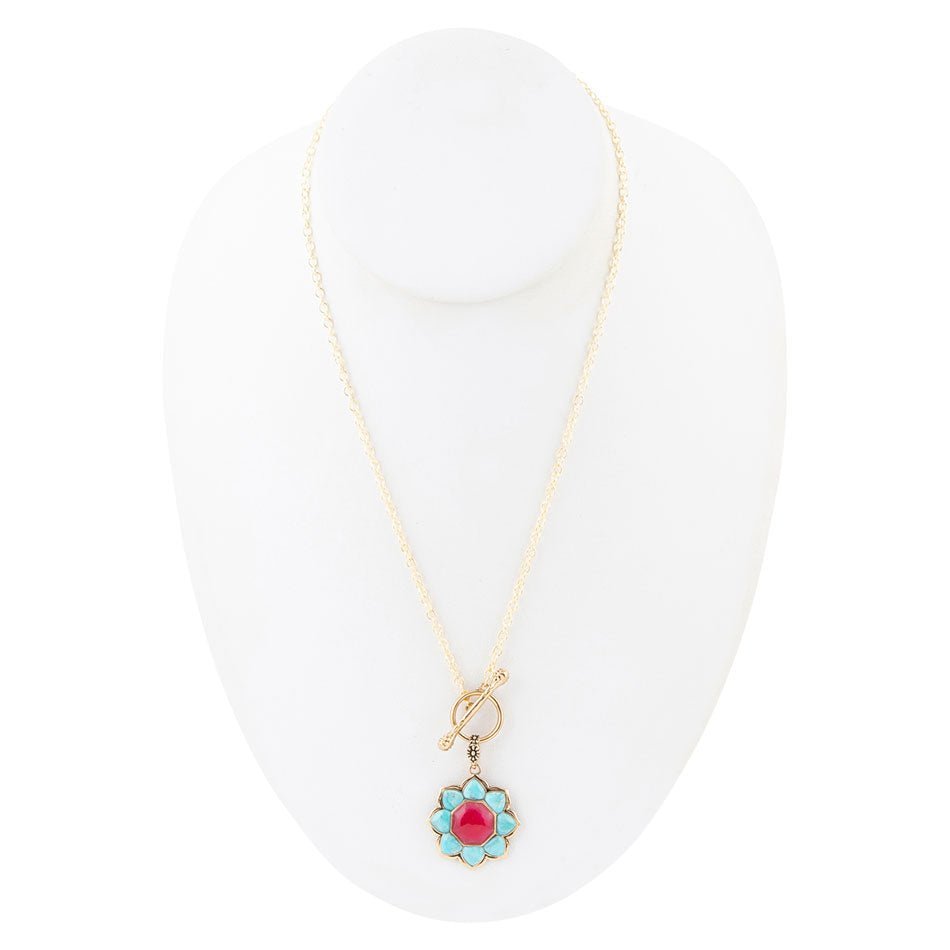 Blue Turquoise and Red Quartz Golden Chain Necklace - ThisandThatShoppe