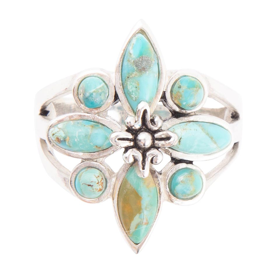 Floral Blue Turquoise and Sterling Silver Statement Ring - ThisandThatShoppe