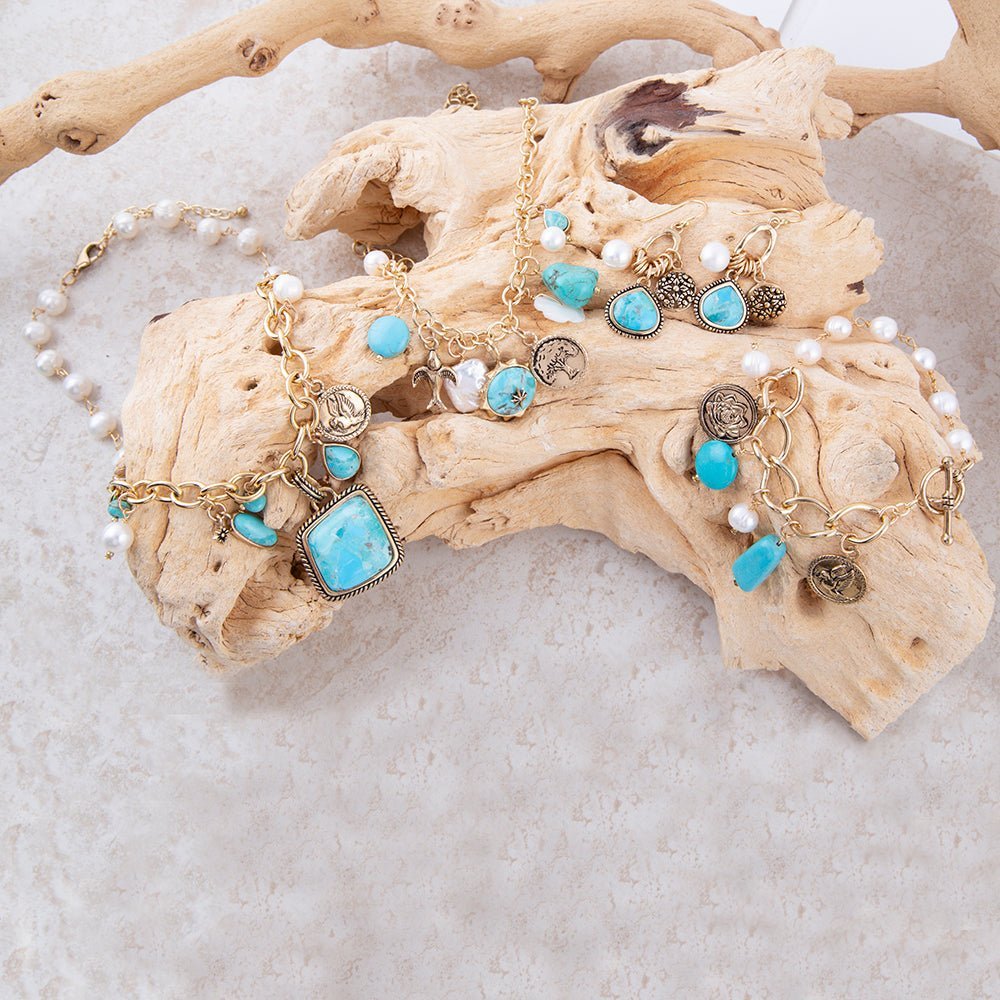 Blue Turquoise and White Pearl Multi Charm Golden Charm Earrings - ThisandThatShoppe