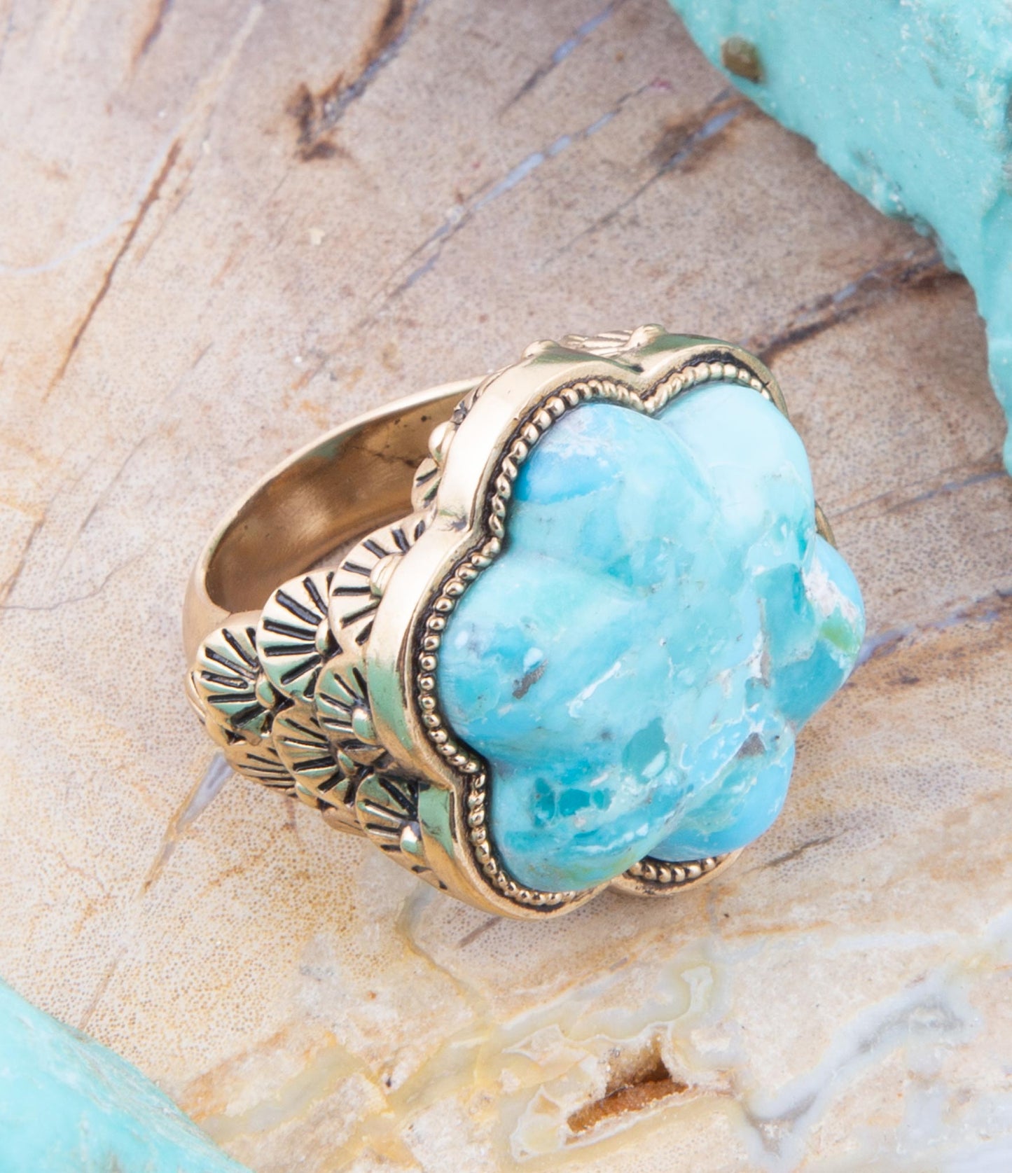 Blue Turquoise Flower Golden Ring - ThisandThatShoppe