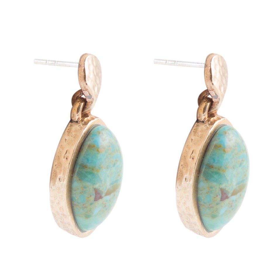 Blue Turquoise Oval Shape Golden Drop Errings - ThisandThatShoppe