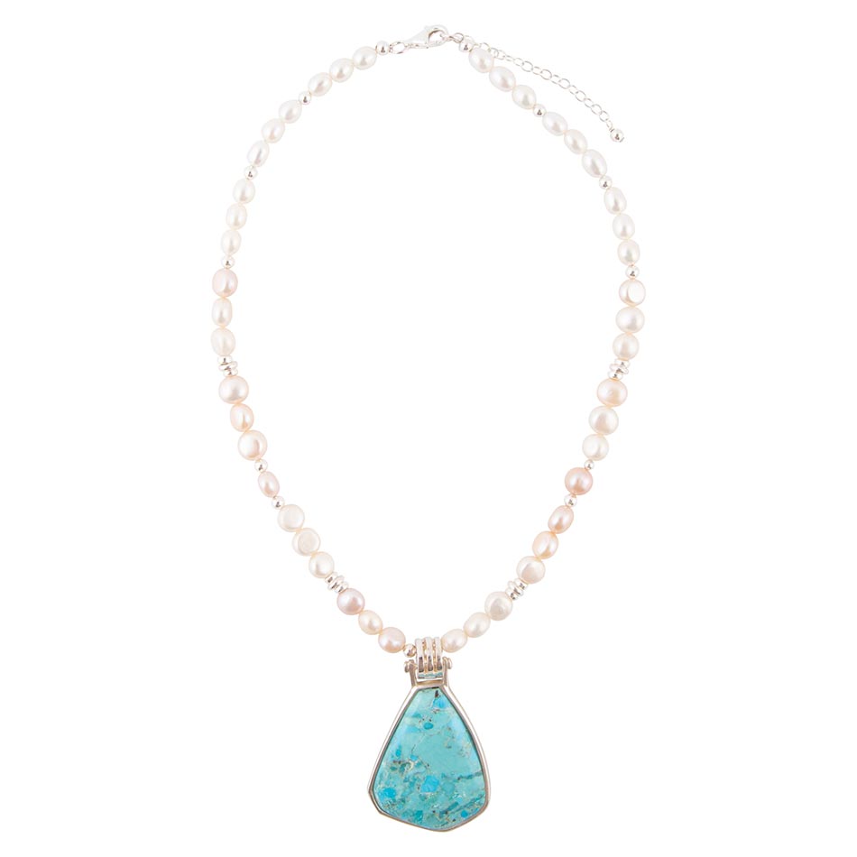 Blue Turquoise Pendant and White Pearl Sterling Silver Necklace - ThisandThatShoppe