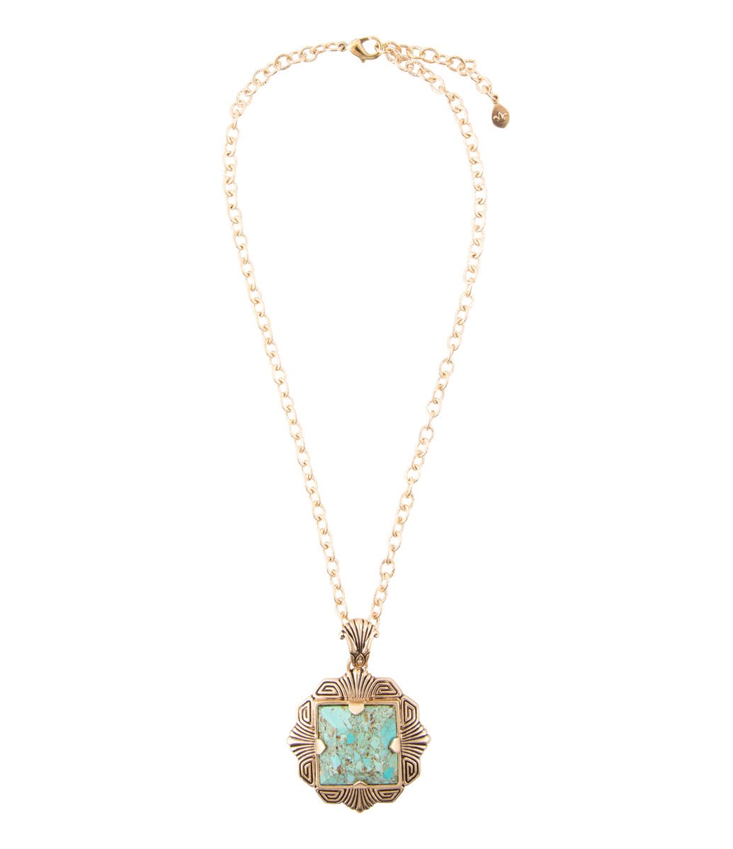 Blue Turquoise Square Golden Pendant Necklace - ThisandThatShoppe