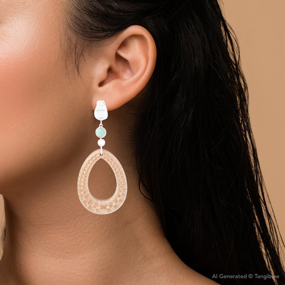 Blue Turquoise Top Carved Wood Sterling Silver Earrings - ThisandThatShoppe