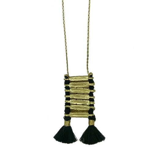 Tempel-Halskette, Boho, indisch, oxidiert, Zinklegierung, Baumwollquaste, 43cm, handgefertigt