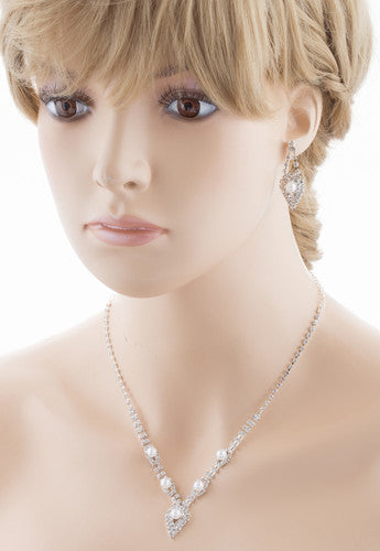 Parure Collier et Boucles d'Oreilles de Mariée Perles, Cristaux et Strass