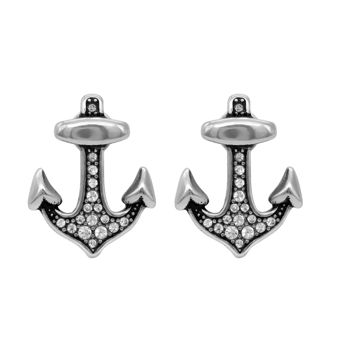 Boucles d'oreilles clous ancre brillantes en argent avec cristaux style nautique