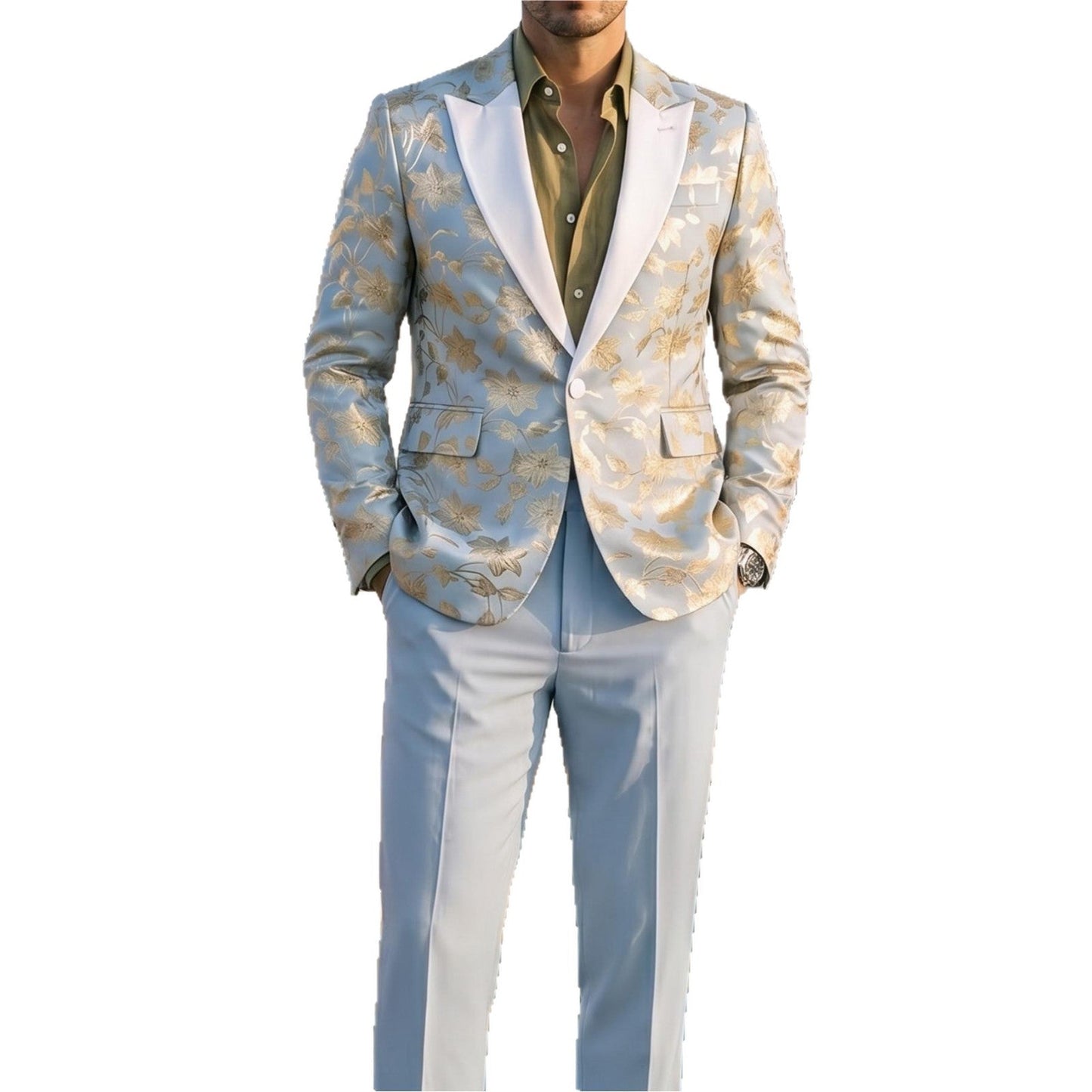 Mens Banquet Dress Gold-Embossed Suit Set