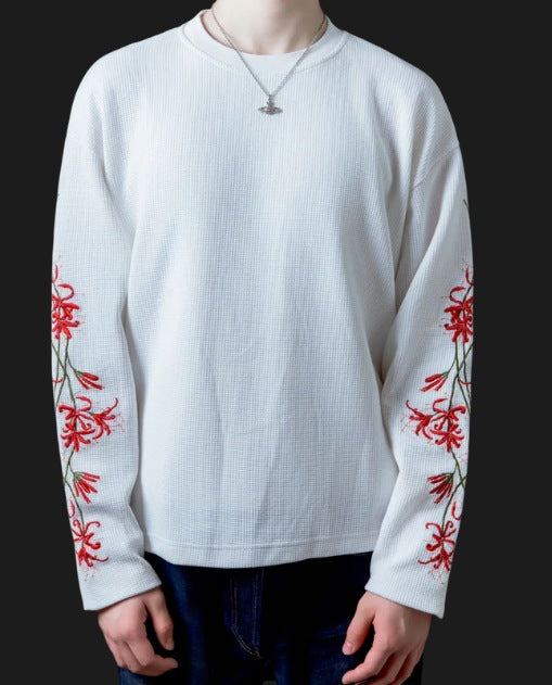 Mens Relaxed-fit Crew-neck Floral-embroidered Long-sleeve Top